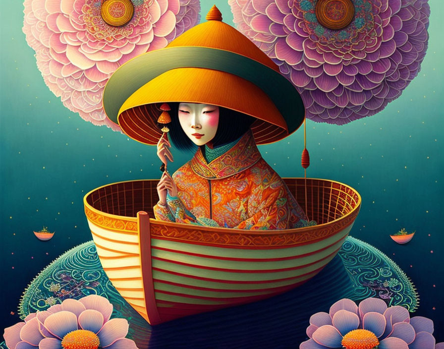 Detailed Artwork: Pale-skinned woman in Asian attire with umbrella, floating on floral sea.