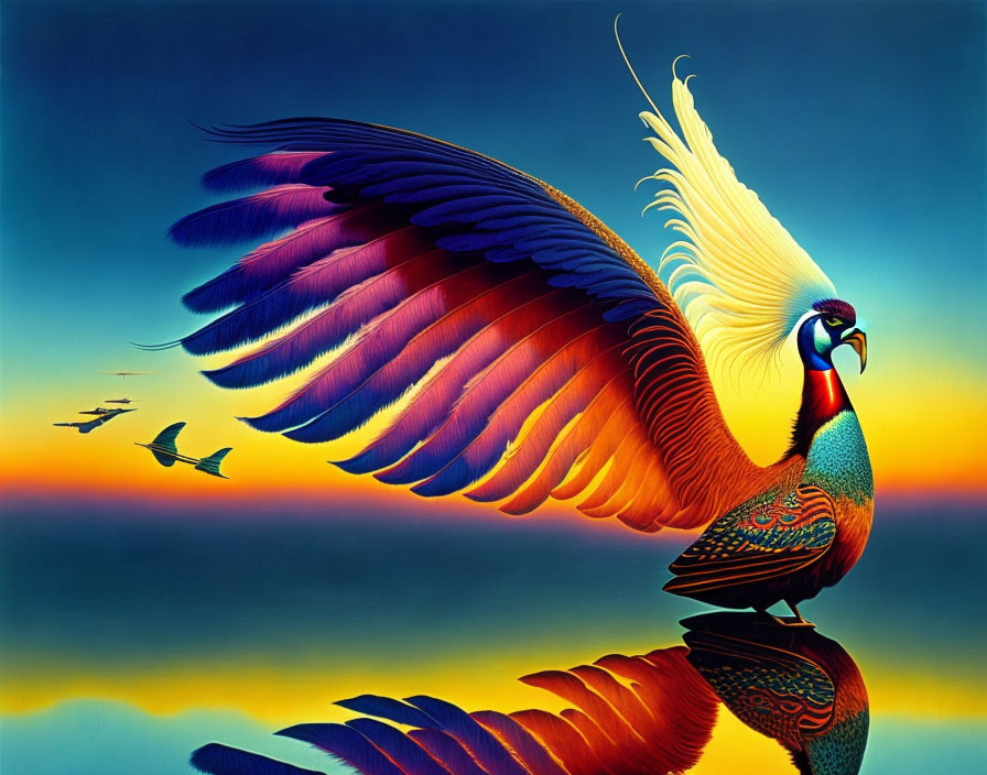 Colorful Stylized Bird Soaring in Sunset Sky