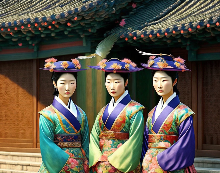 Traditional Korean hanbok and jeonmo hats in front of wooden building