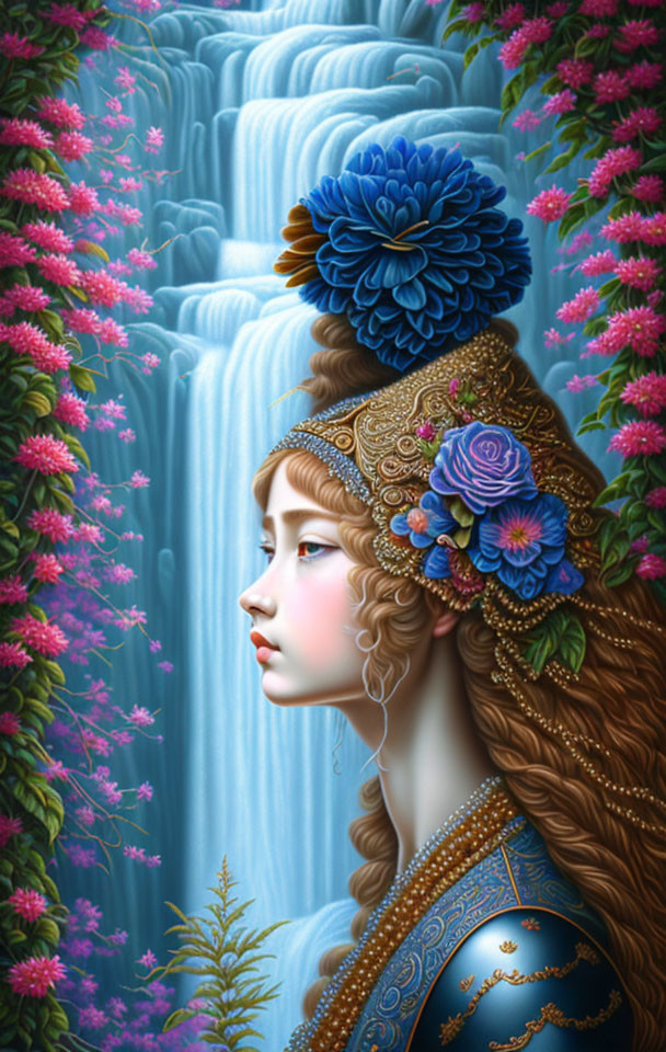 Surreal illustration of woman with waterfall hair and vibrant flowers against lush pink backdrop