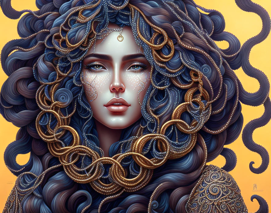 Digital artwork: Woman with blue and gold hair, chains, and beads on yellow background