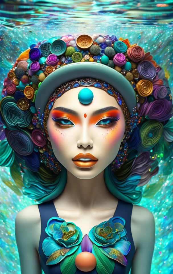 Colorful Spiral Flower Headdress on Woman with Striking Makeup