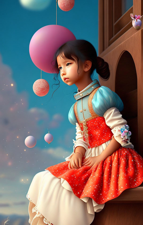 Digital artwork of young girl with pink balloon on wooden bench, surrounded by butterflies in dreamy sky