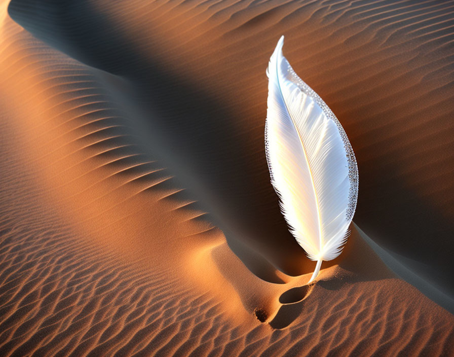 White feather casting delicate shadow in rippled sand dunes