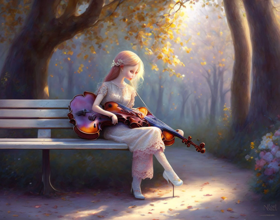 Young woman with violin in serene autumn park bench setting