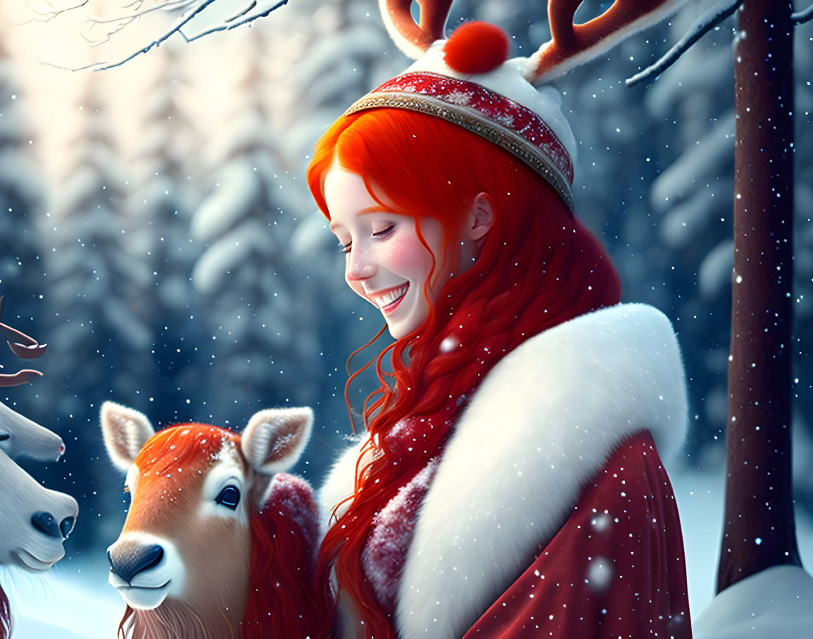 Red-haired woman in snowy scene with reindeer and festive attire