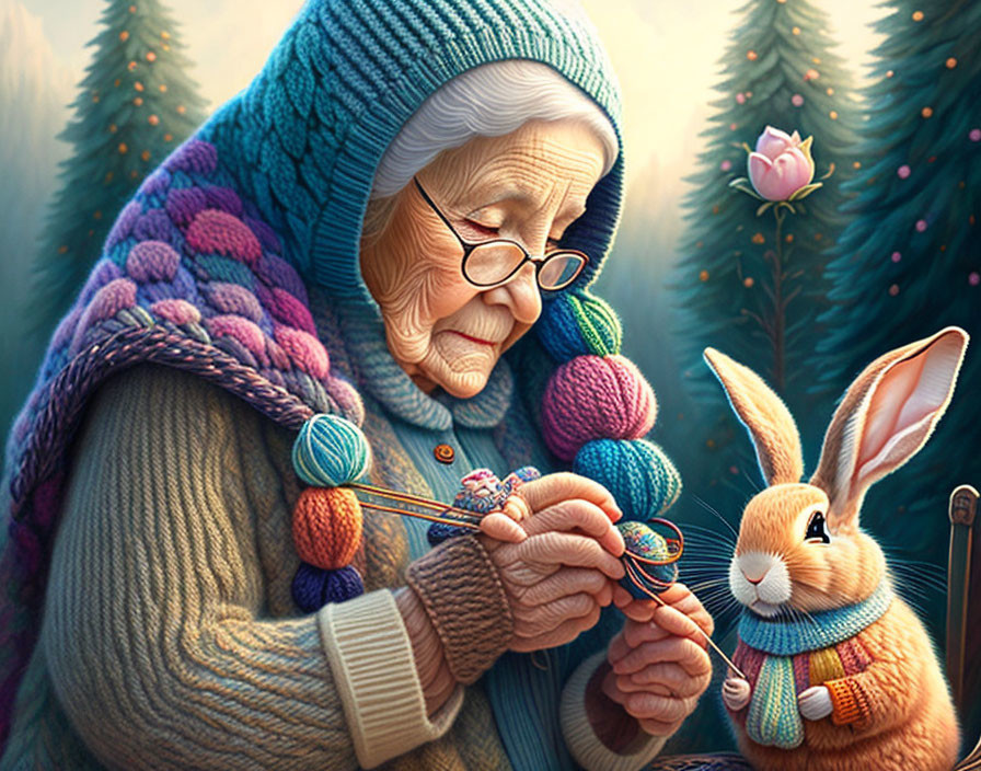 Elderly woman knitting with bunny companion