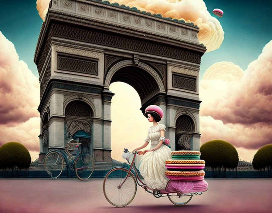 Illustration of woman on bicycle with macarons by Arc de Triomphe