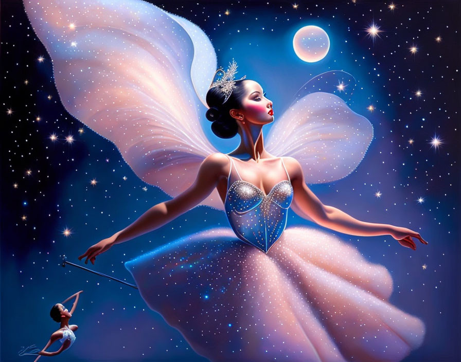 Fairy with iridescent wings and wand in celestial night scene