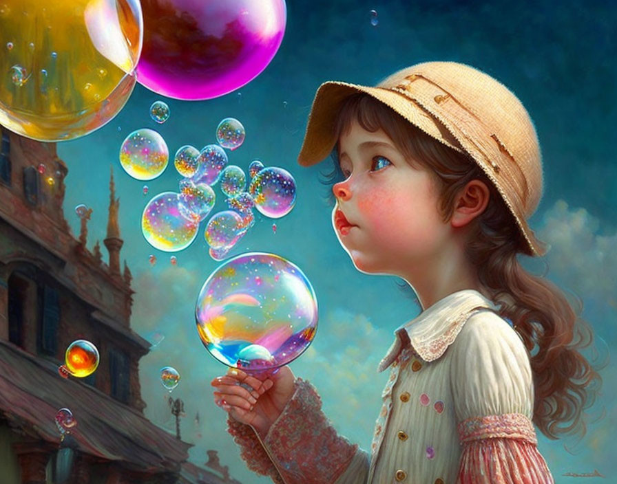 Young girl in cap mesmerized by colorful soap bubbles and ornate architecture