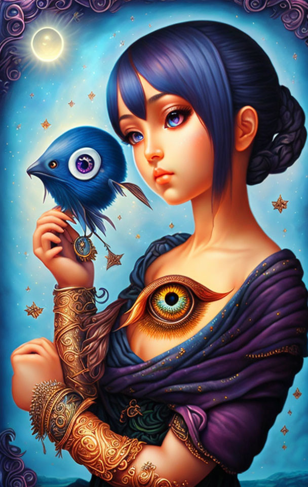 Stylized illustration of girl with blue hair holding blue bird