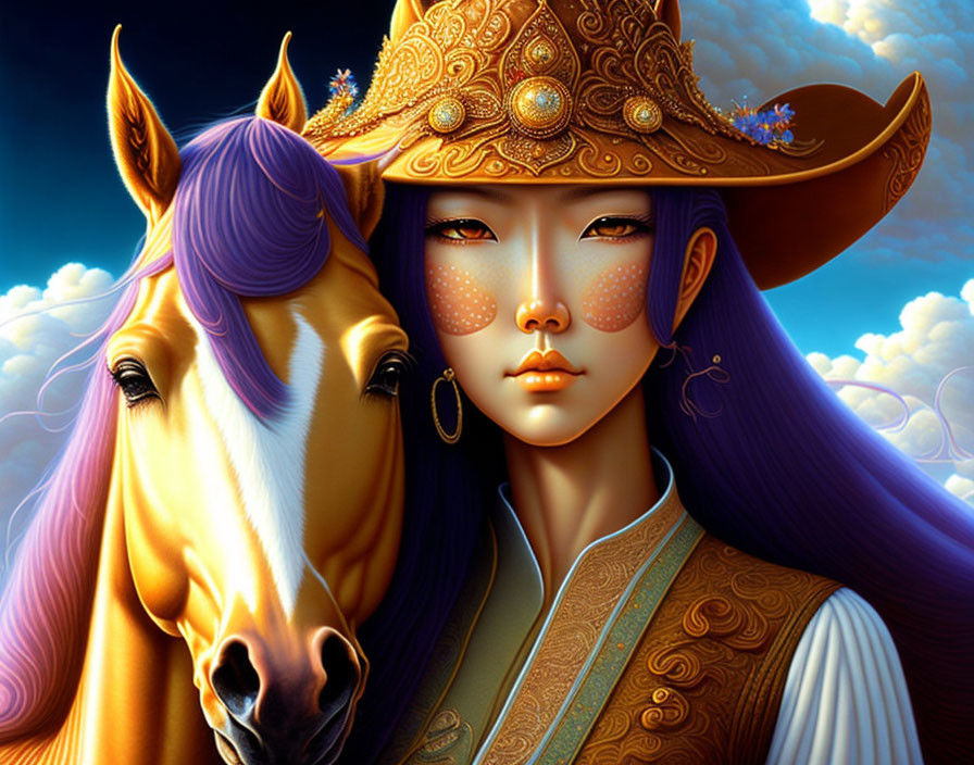 Digital Illustration: Woman in Embellished Hat and Traditional Attire with Stylized Horse in