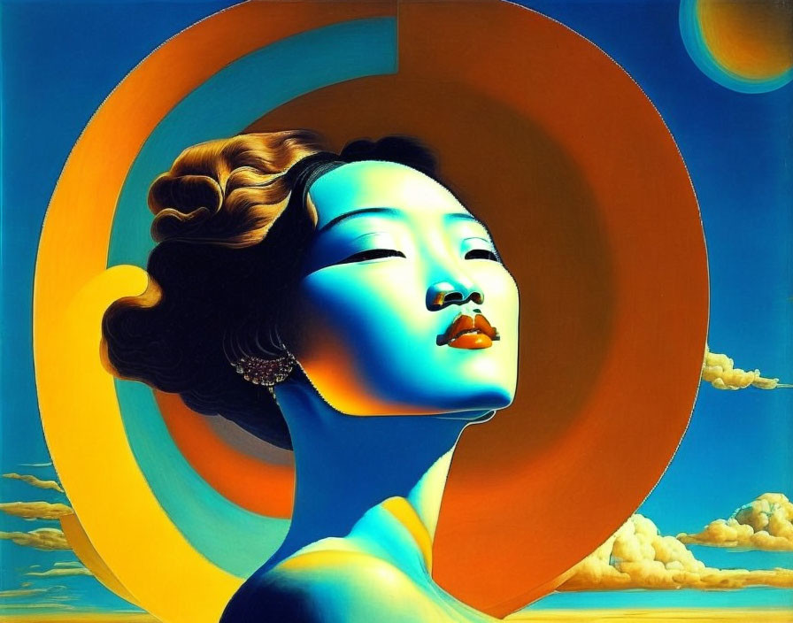 Vibrant surreal portrait of a woman with blue skin against cloud backdrop