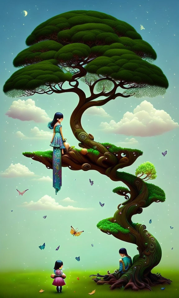 Illustration of girl in magical tree with butterflies