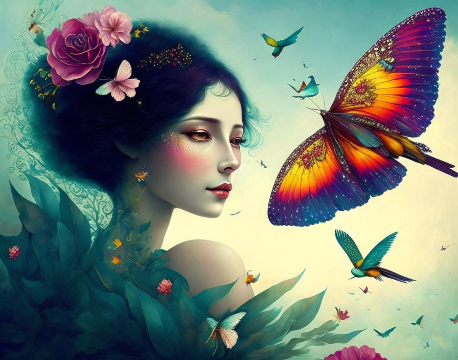 Vibrant Floral and Butterfly Digital Artwork with Fantasized Nature Theme