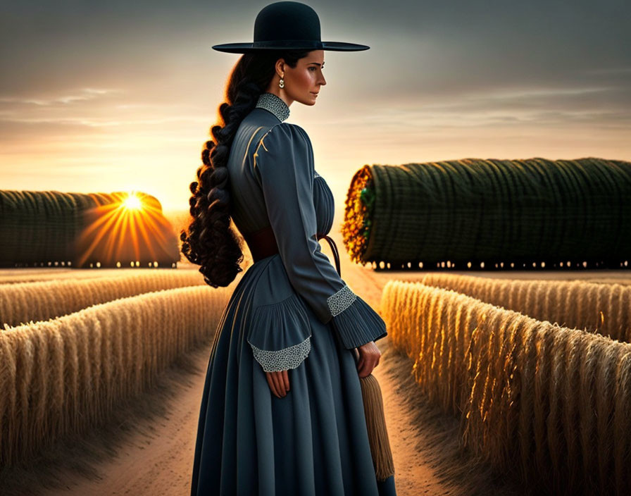 Vintage Blue Dress Woman Standing Among Hay Bales at Sunset