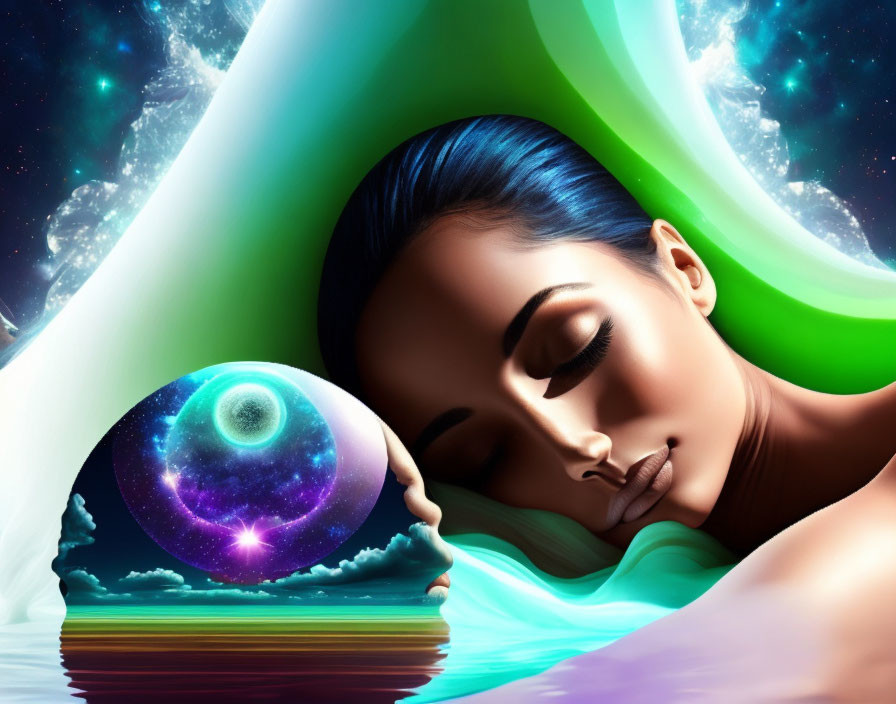 Surreal artwork of woman with blue hair beside cosmic orb and swirling auroras