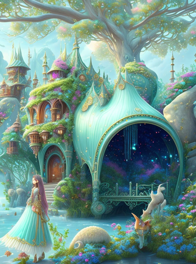 Fantasy landscape with treehouse, woman, vibrant flora, fox, and sleepy creature