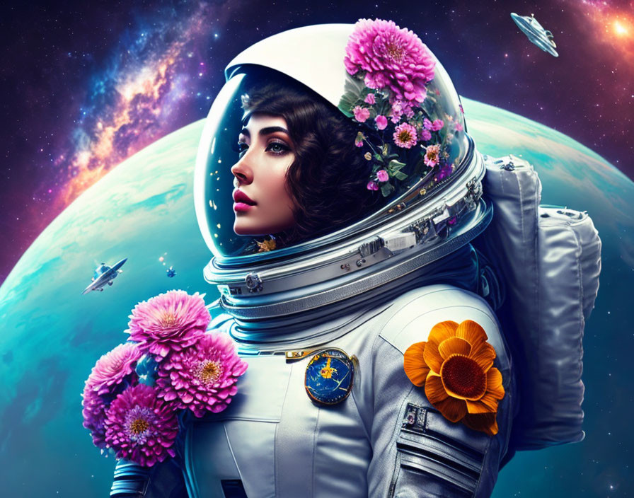 Surreal image: Woman astronaut with flower helmet in colorful space scene