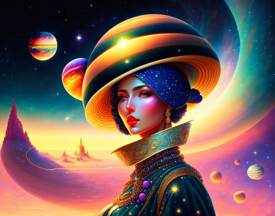 Cosmic-themed woman illustration with Saturn headdress in surreal space scene