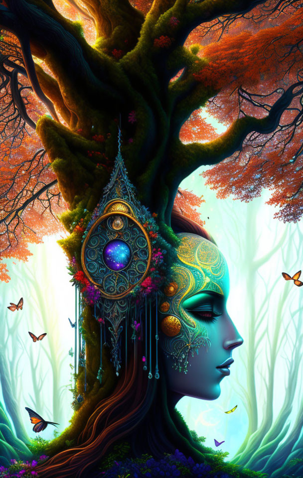 Colorful woman-tree fusion with patterns, jewel, butterflies, foliage