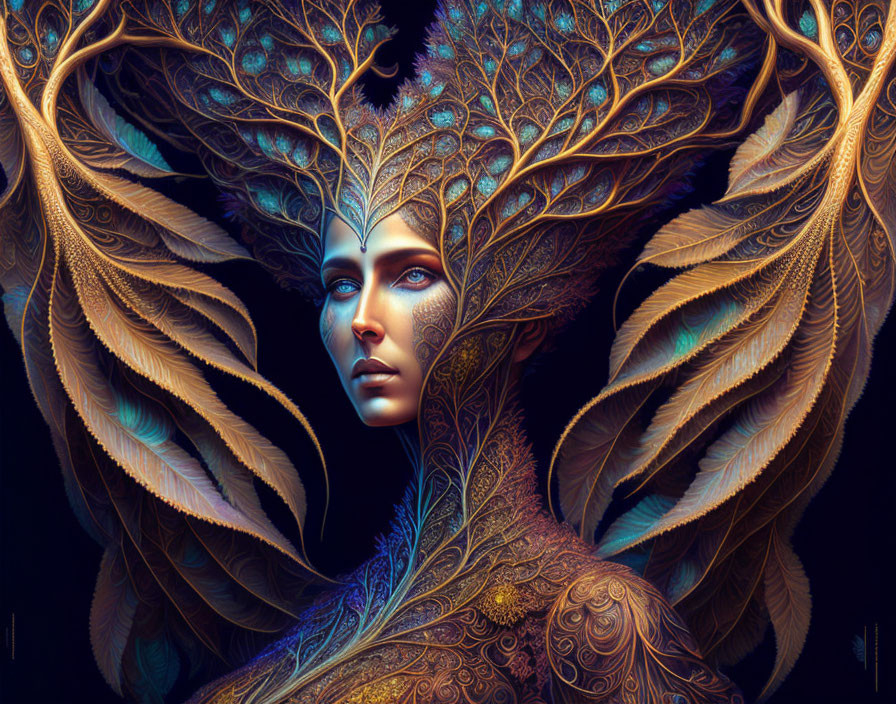 Surreal portrait of woman with peacock feather-like adornments in deep blues and golds