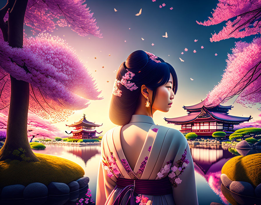 Woman in Kimono Admiring Cherry Blossom Pond at Dusk