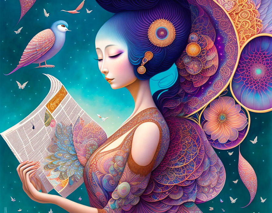 Vibrant illustration of woman with blue hair reading newspaper surrounded by birds and colorful patterns