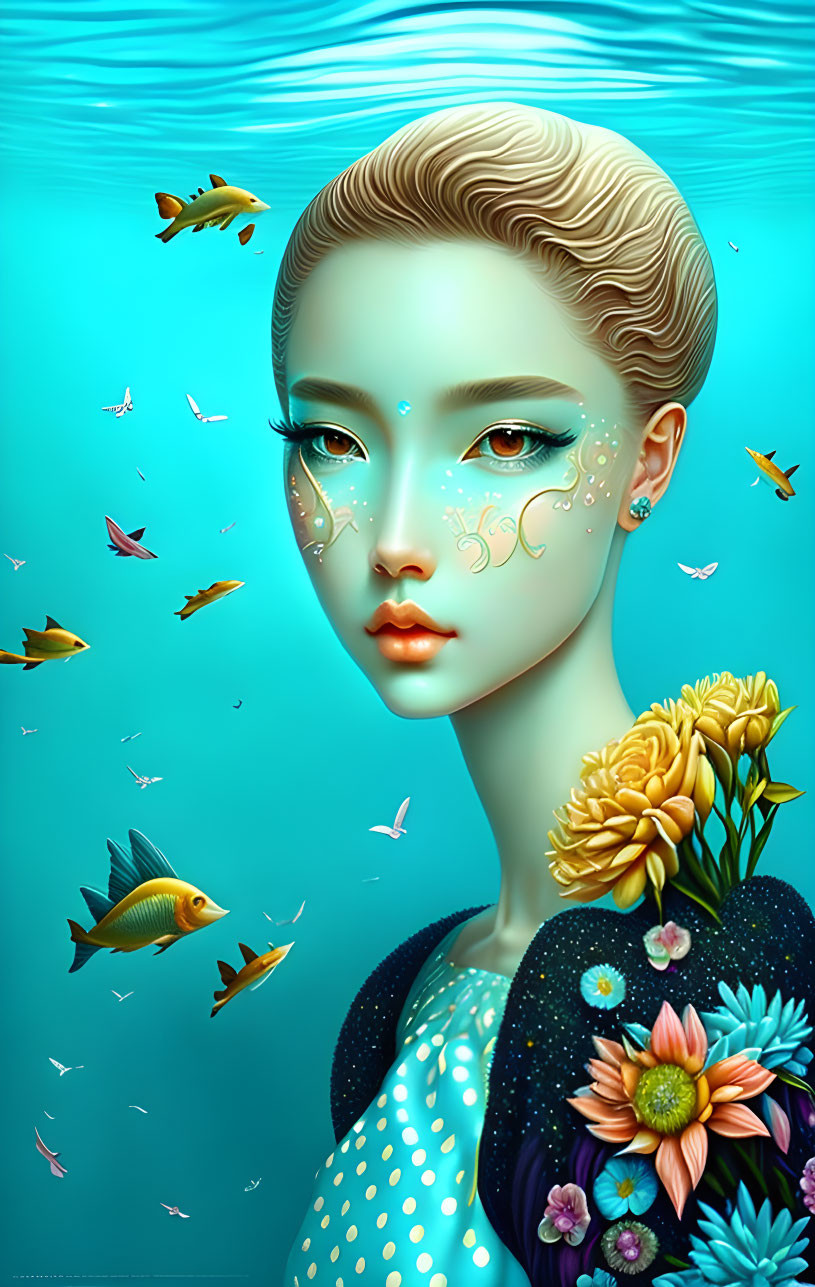 Illustration of surreal woman with aquatic elements and vibrant floral accents