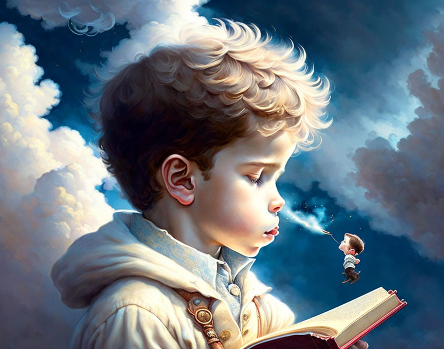 Digital artwork of young boy reading book with illuminated character against celestial backdrop