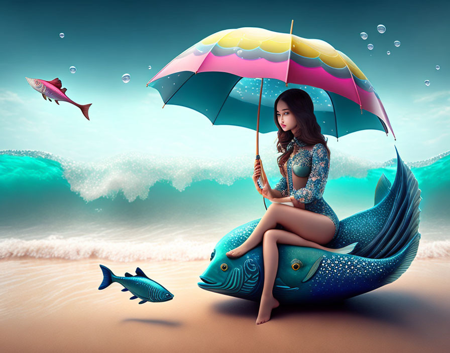 Surreal ocean scene with woman, umbrella, fish, and flying fish