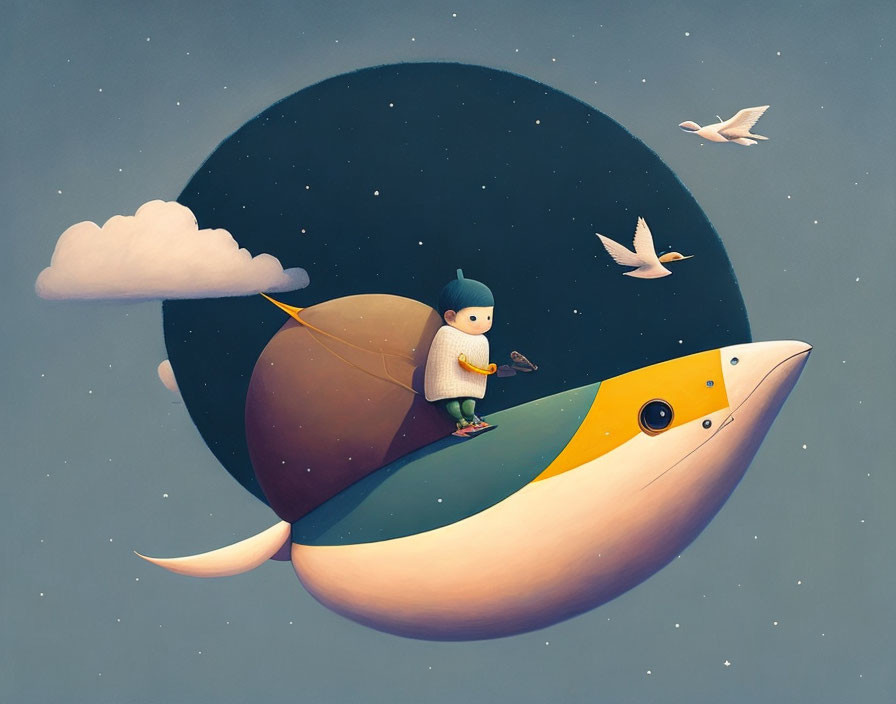 Child Riding Giant Fish in Starry Sky with Moon and Birds