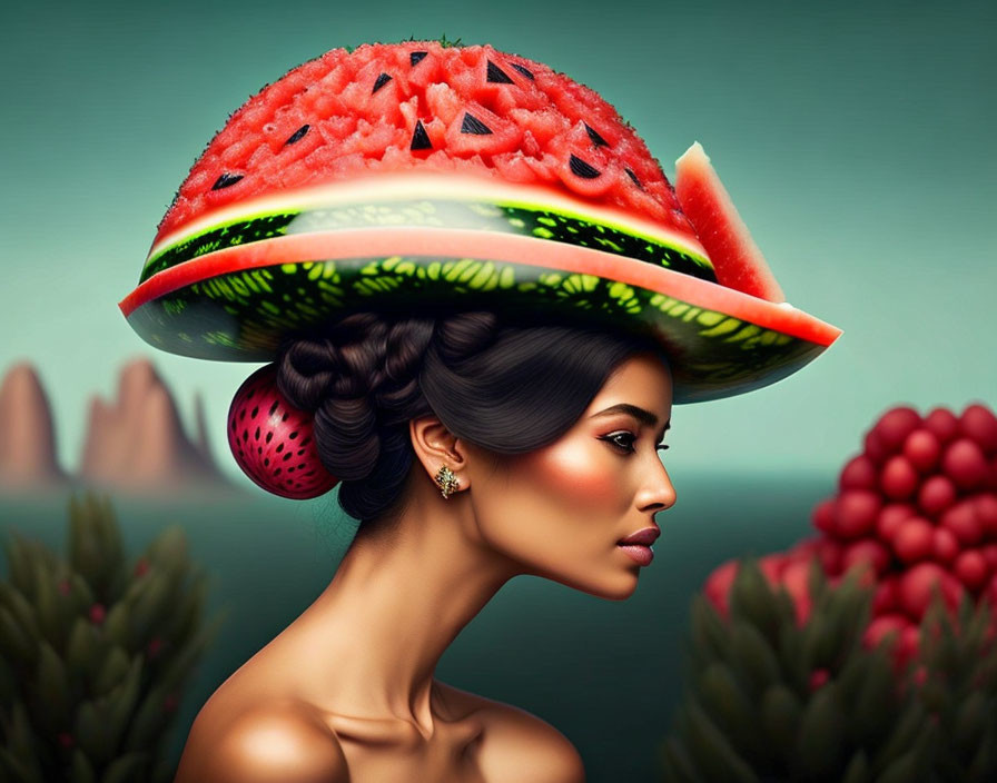 Woman with Watermelon Slice Hat in Desert Landscape