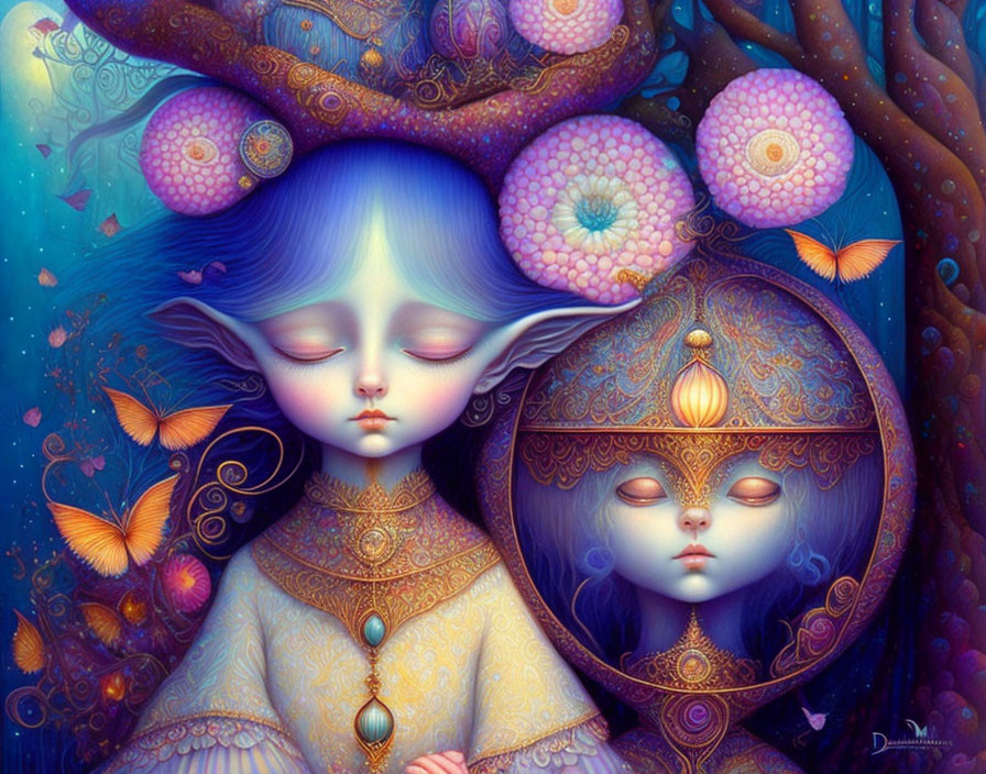 Surreal illustration: Serene blue-faced figures in vibrant nature.