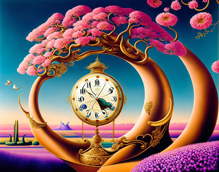 Surreal painting of golden tree-shaped clock in twilight sky