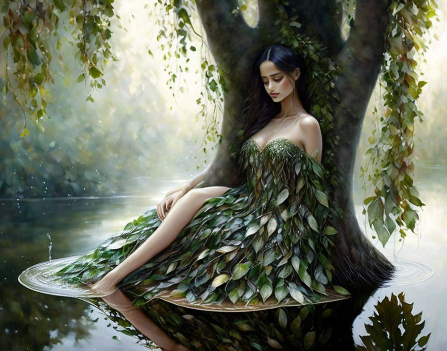 Tranquil river scene with woman in leafy gown