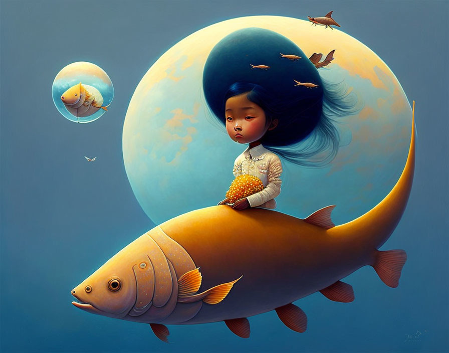 Girl riding giant fish in surreal blue world with flowing hair and fish-shaped balloon, birds flying.