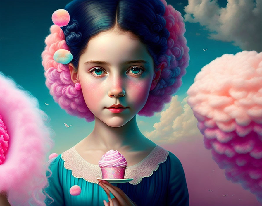 Surreal portrait of girl with pink cotton candy hair and ice cream cone against dreamy backdrop