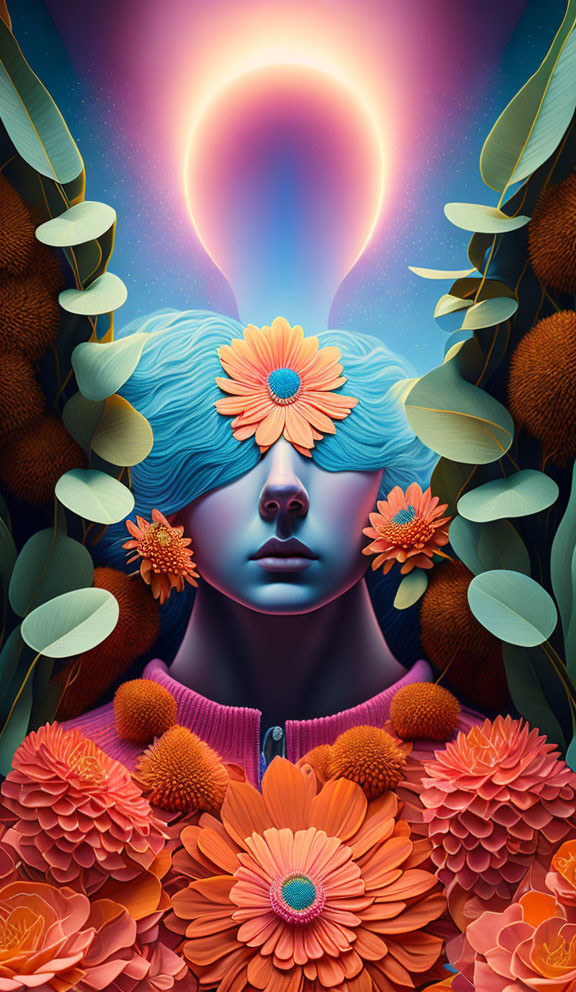 Digital art: Blue-haired figure with floral elements in lush botanical setting