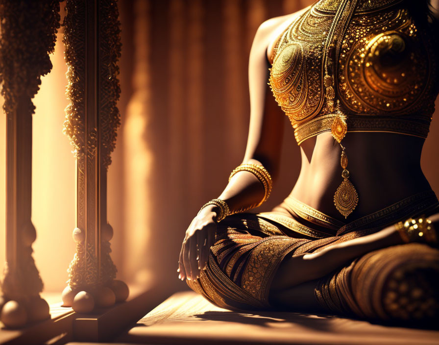 Traditional attire and golden jewelry worn by a person in a serene pose in an elegant room.