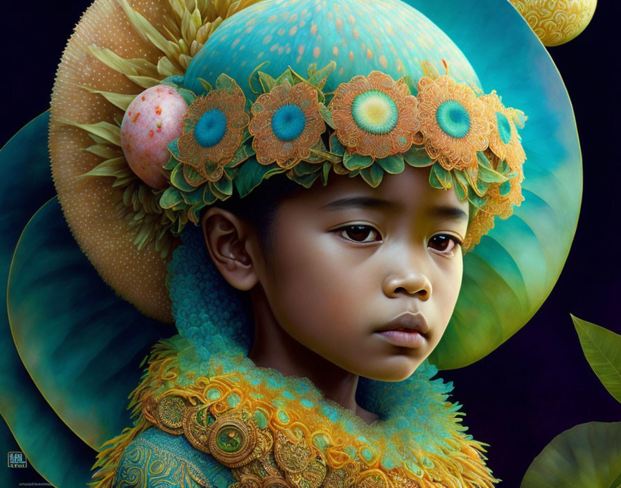 Child portrait with elaborate headdress: flowers, fruit, peacock feathers on dark backdrop