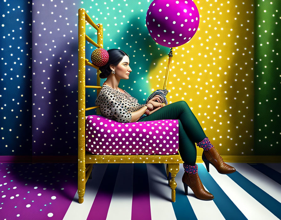 Woman in Polka-Dotted Outfit Sitting on Colorful Bed with Balloon