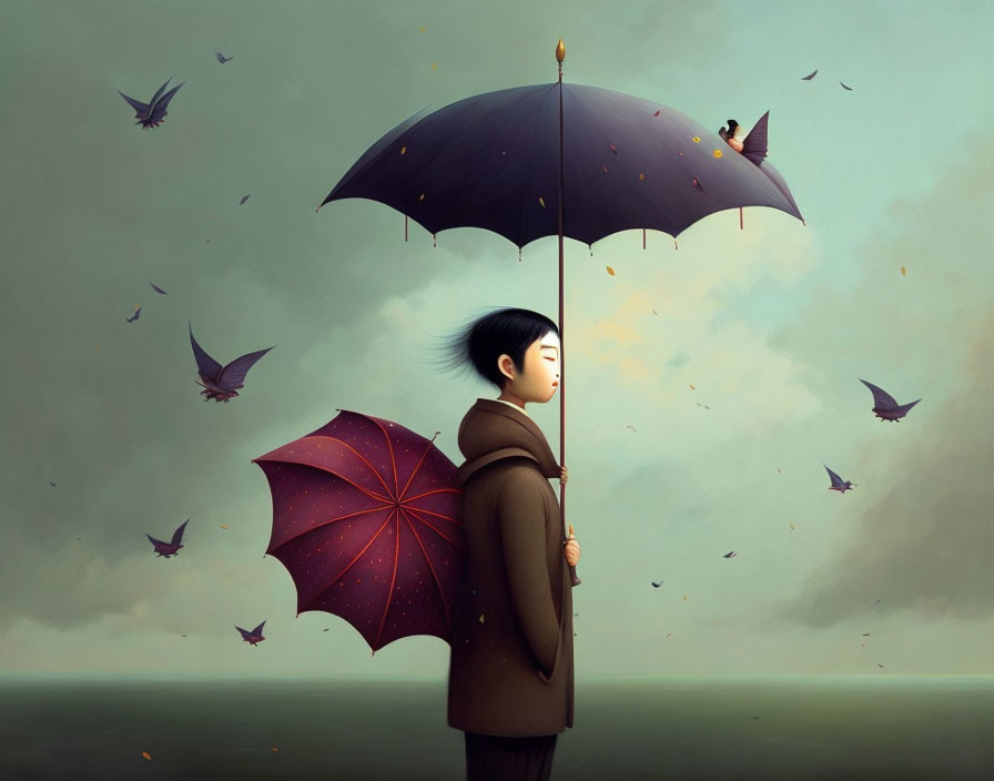 Person with open umbrella surrounded by flying birds under moody sky.