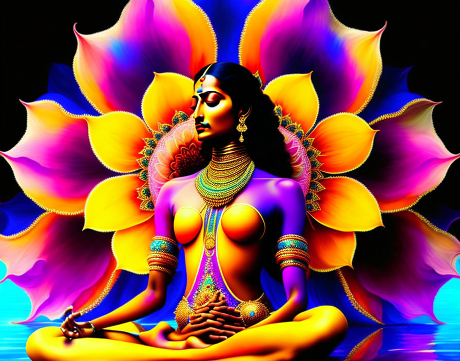 Colorful digital artwork: Woman meditating with lotus backdrop and gold jewelry