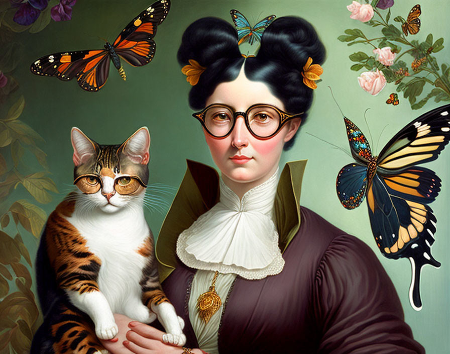 Whimsical portrait of woman in vintage attire with rosy cheeks, holding tabby cat