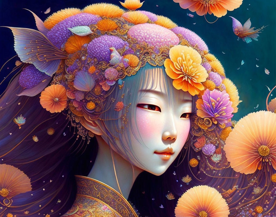 Digital artwork of woman with fish-like features and vibrant orange flowers, purple aquatic elements, and floating butterflies