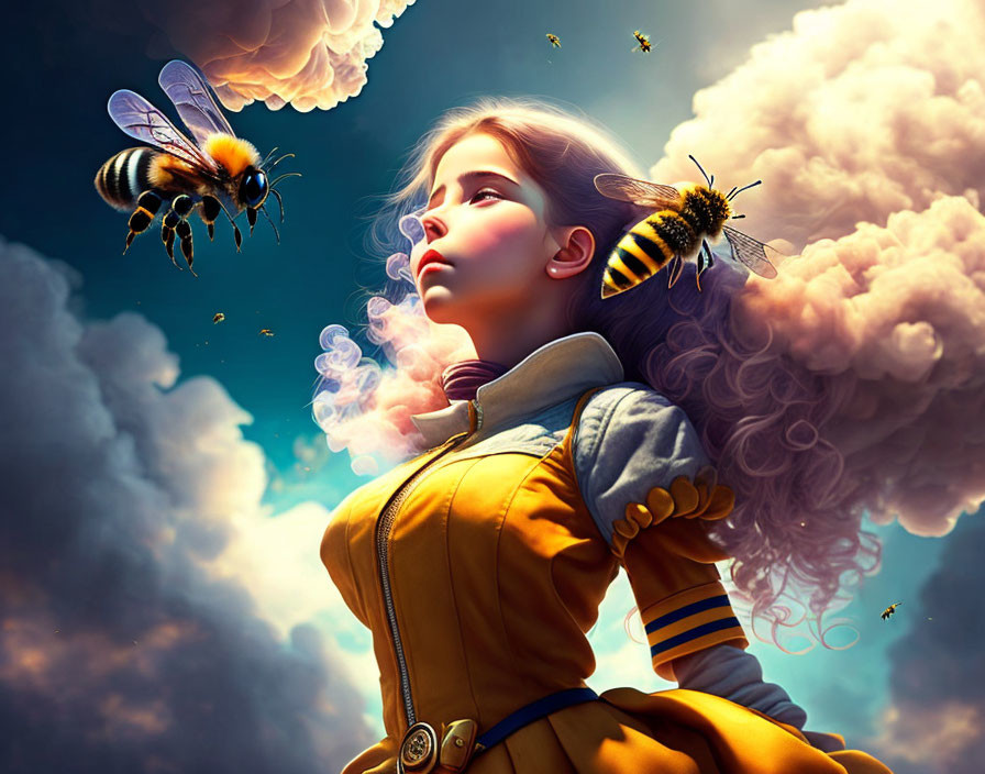 Digital art: Young girl in yellow jacket with bumblebees and whimsical clouds.