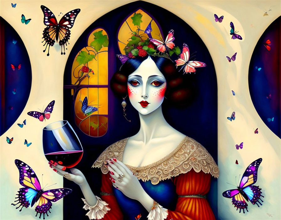 Stylized woman with decorative makeup and butterflies in whimsical setting