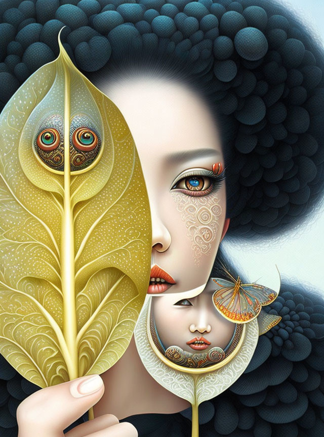 Elaborate black hair and vibrant eyes in surreal portrait