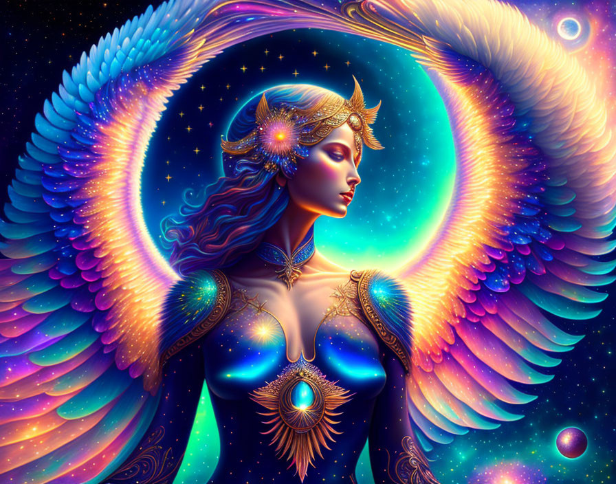 Colorful Mythical Woman with Celestial Wings in Cosmic Artwork